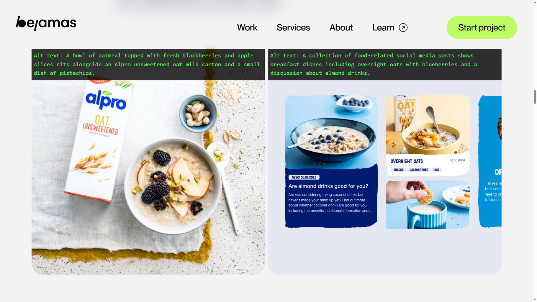 A website design showcases breakfast content with a hero image of oatmeal topped with blackberries and apple slices alongside an Alpro oat milk carton, complemented by social media post mockups about overnight oats.