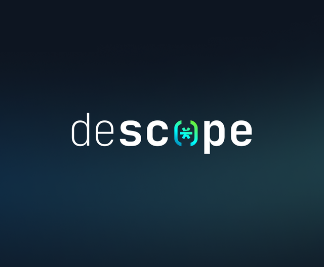 The word "descope" appears in white text against a dark background, with a stylized turquoise and green asterisk-like symbol replacing the letter "o".
