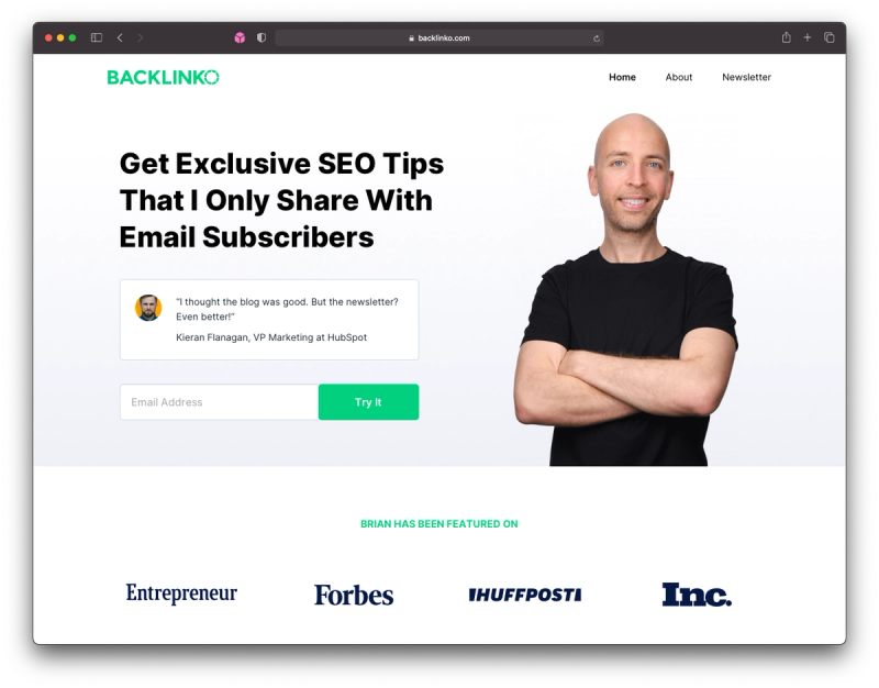 A newsletter signup page for exclusive SEO tips features a testimonial from HubSpot's VP of Marketing and logos of major publications like Forbes and Entrepreneur at the bottom.