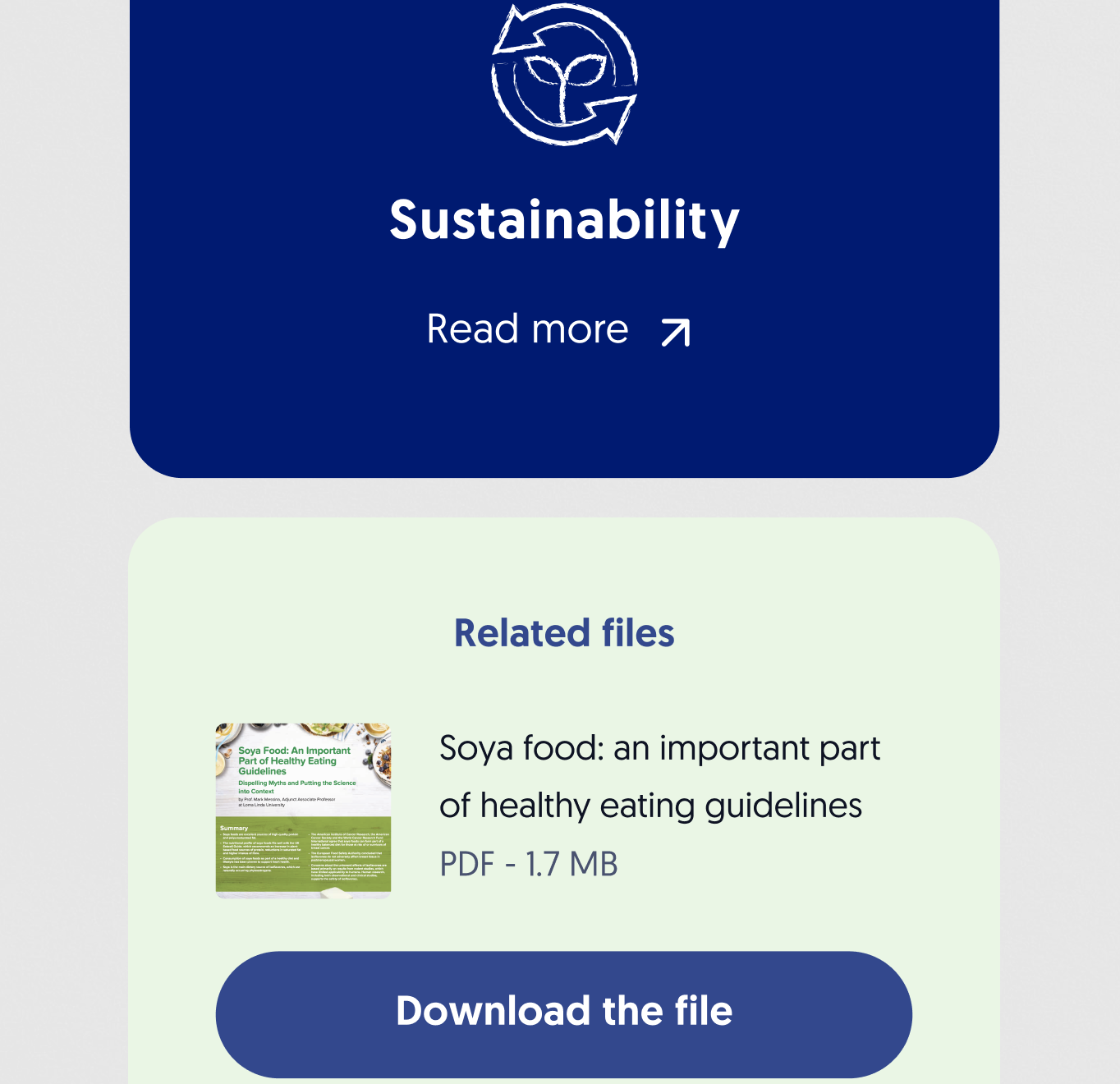 A sustainability-themed webpage displays a circular recycling icon with a plant symbol, offering a downloadable PDF about soya food and healthy eating guidelines.