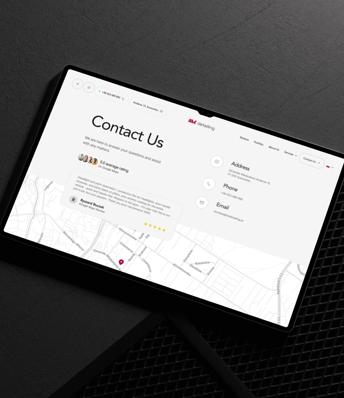 A tablet displays a modern "Contact Us" webpage featuring a clean design with address, phone, and email fields alongside a map interface and a 5.0 rating display.