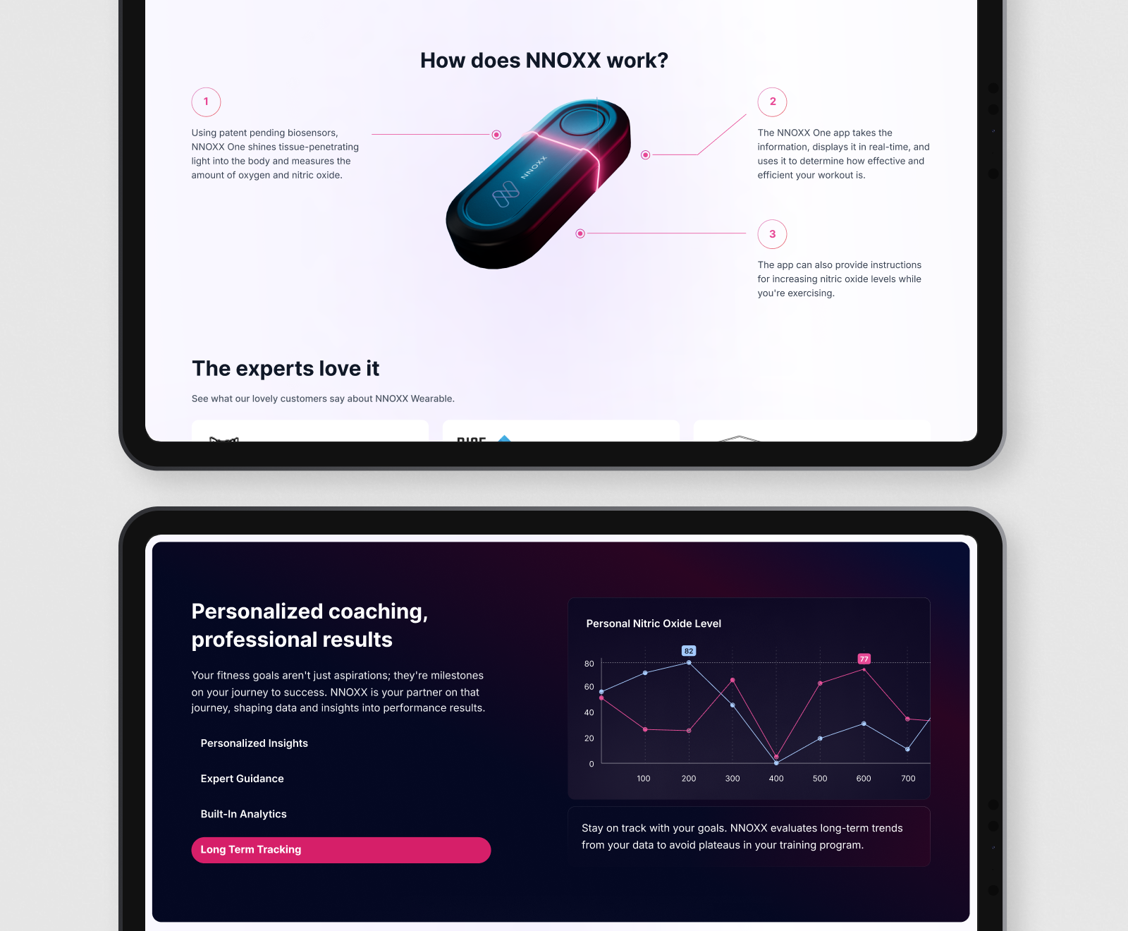 A product interface showcases the NNOXX fitness device and app, featuring explanatory diagrams of how it measures nitric oxide levels and provides personalized coaching through data analytics and performance tracking.