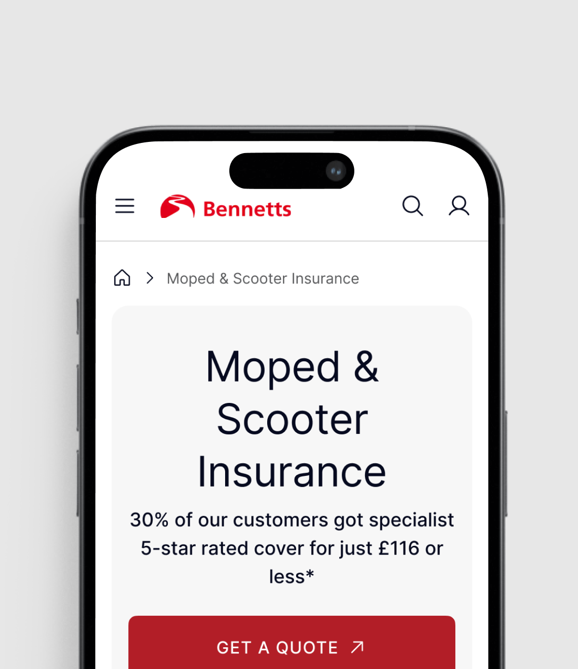 A mobile app screen displays Bennetts' moped and scooter insurance offer, advertising 5-star rated coverage for £116 or less for 30% of customers.