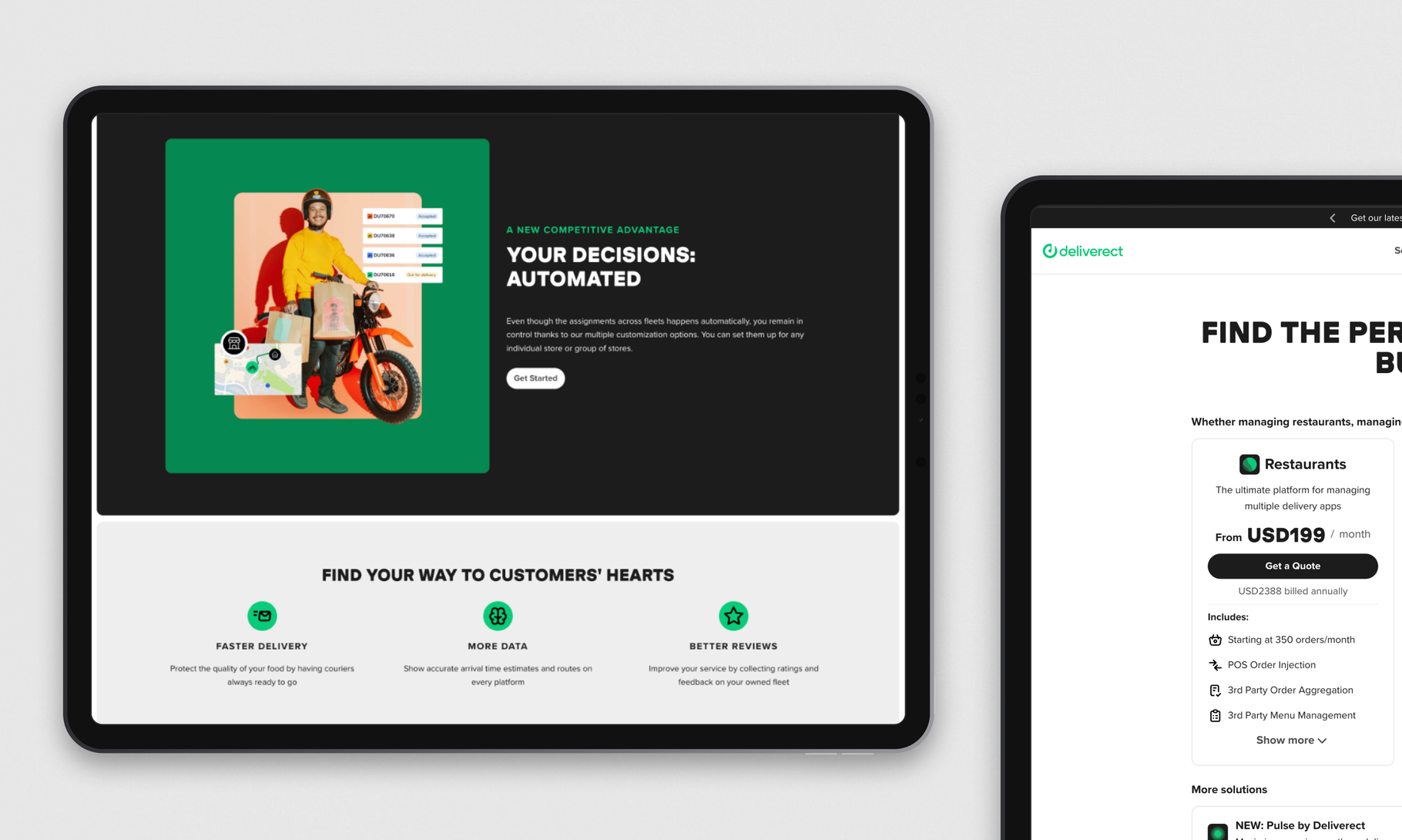 A delivery service website interface displays features like "Faster Delivery," "More Data," and "Better Reviews" alongside an illustration of a delivery person with a motorcycle on a green background.