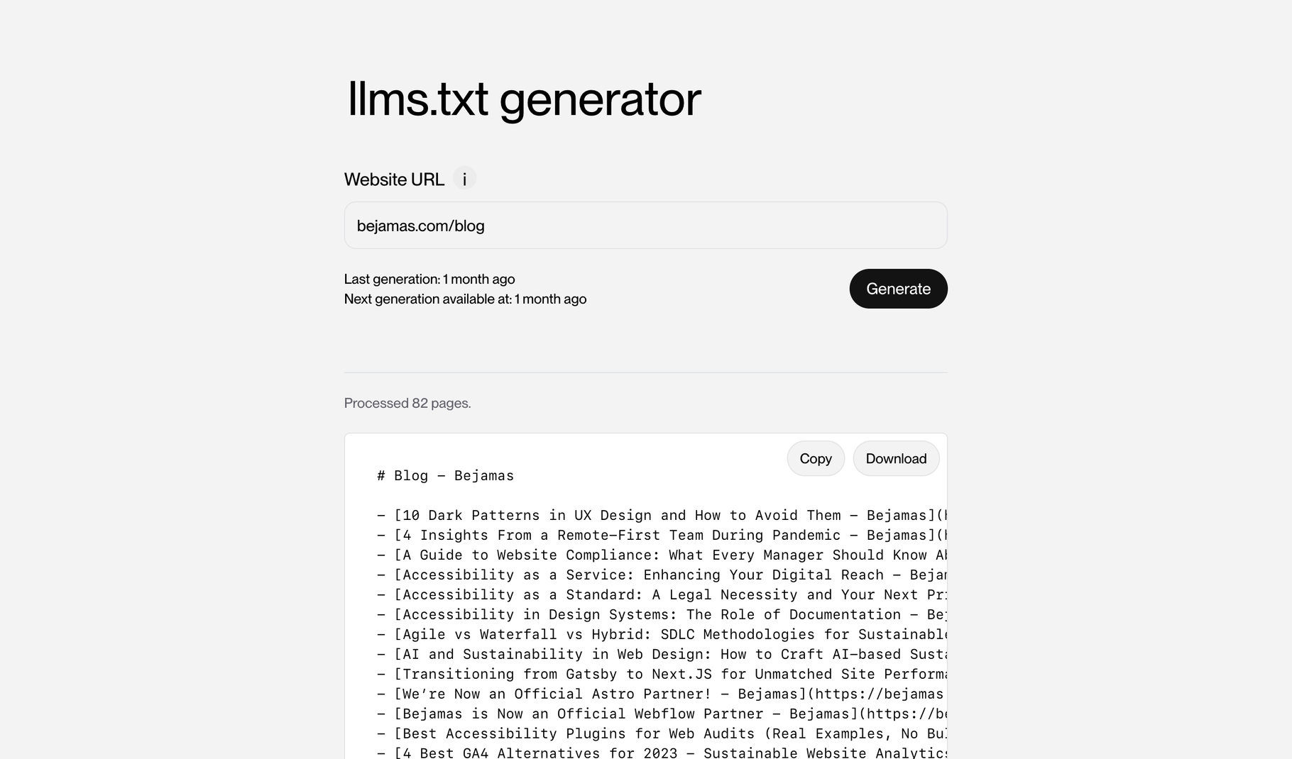 A website interface displays a llms.txt generator tool with a list of blog posts about accessibility and UX design from bejamas.com/blog.