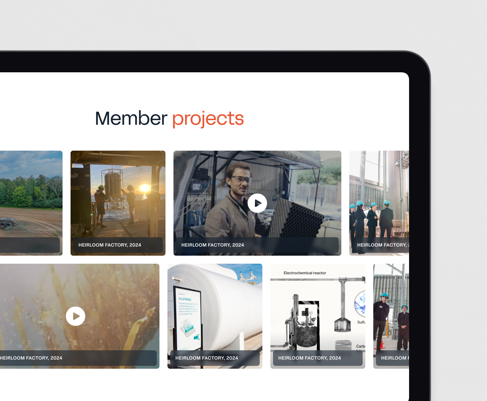 A grid of project thumbnails shows various industrial and factory scenes, including equipment, machinery, and workers at the "Heirloom Factory" in 2024.