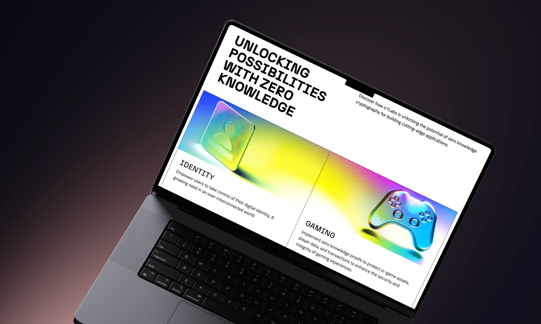 A laptop screen displays a presentation slide about "Unlocking Possibilities with Zero Knowledge" featuring colorful gradient graphics and a gaming controller icon.