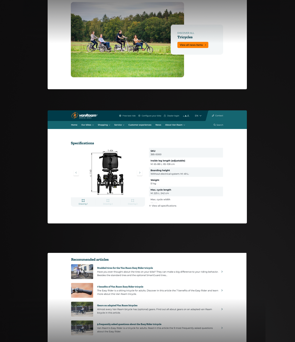 A webpage showcasing Van Raam adaptive tricycles displays product specifications, technical diagrams, recommended articles, and a photo of riders enjoying the tricycles in a green field with trees in the background.