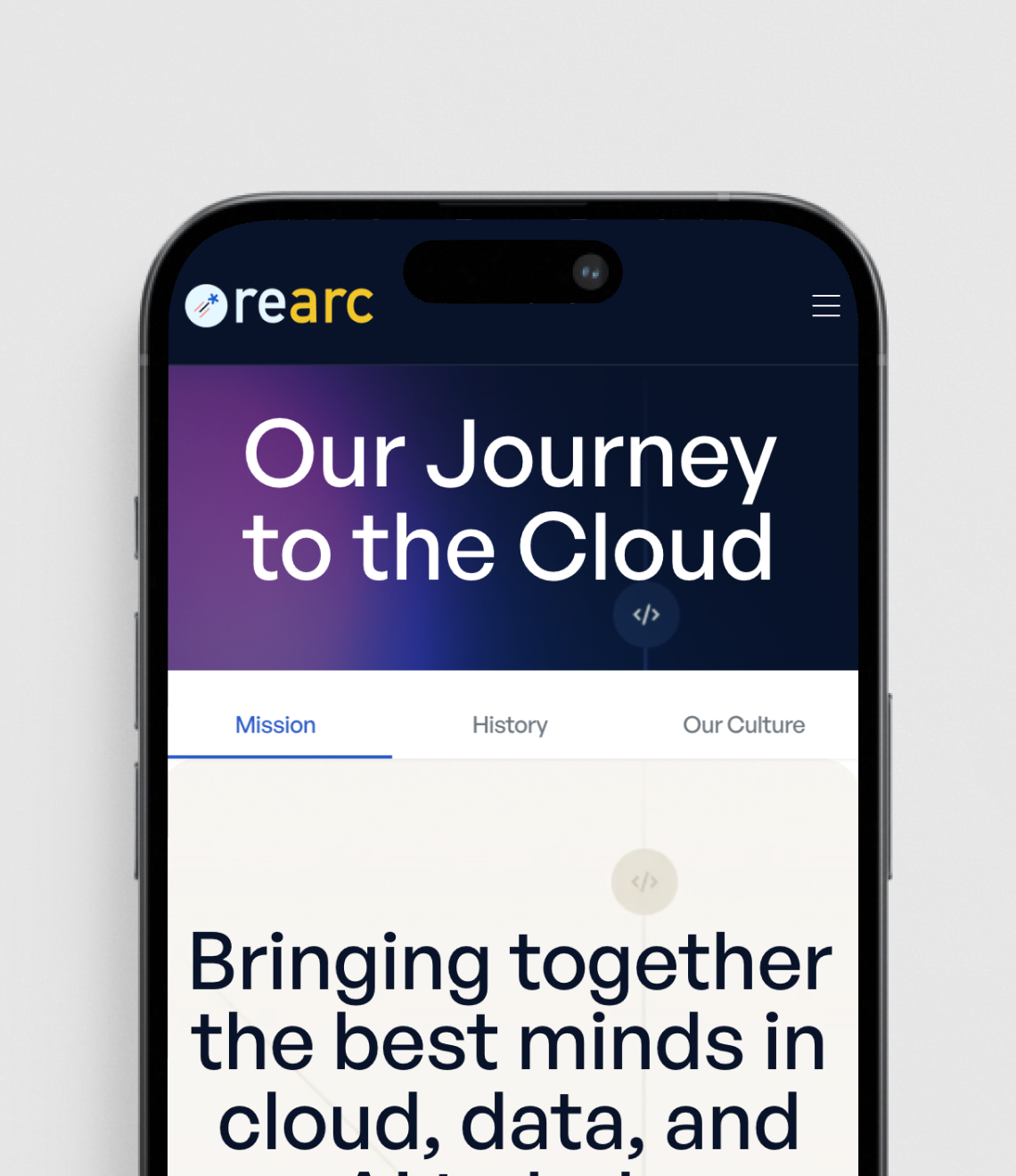 A mobile app interface displays "Our Journey to the Cloud" as its main heading, with navigation tabs for Mission, History, and Our Culture below.