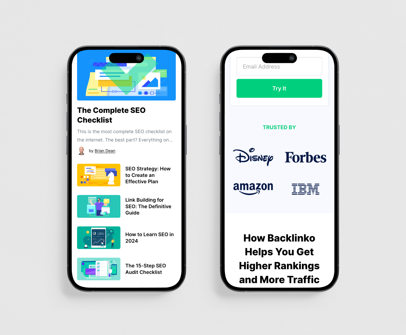 Two iPhone screens display a digital marketing platform's interface, showing SEO resources and trusted brand logos including Disney, Forbes, Amazon, and IBM.