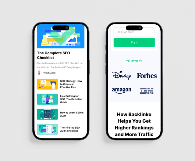 Two iPhone screens display a digital marketing platform's interface, showing SEO resources and trusted brand logos including Disney, Forbes, Amazon, and IBM.