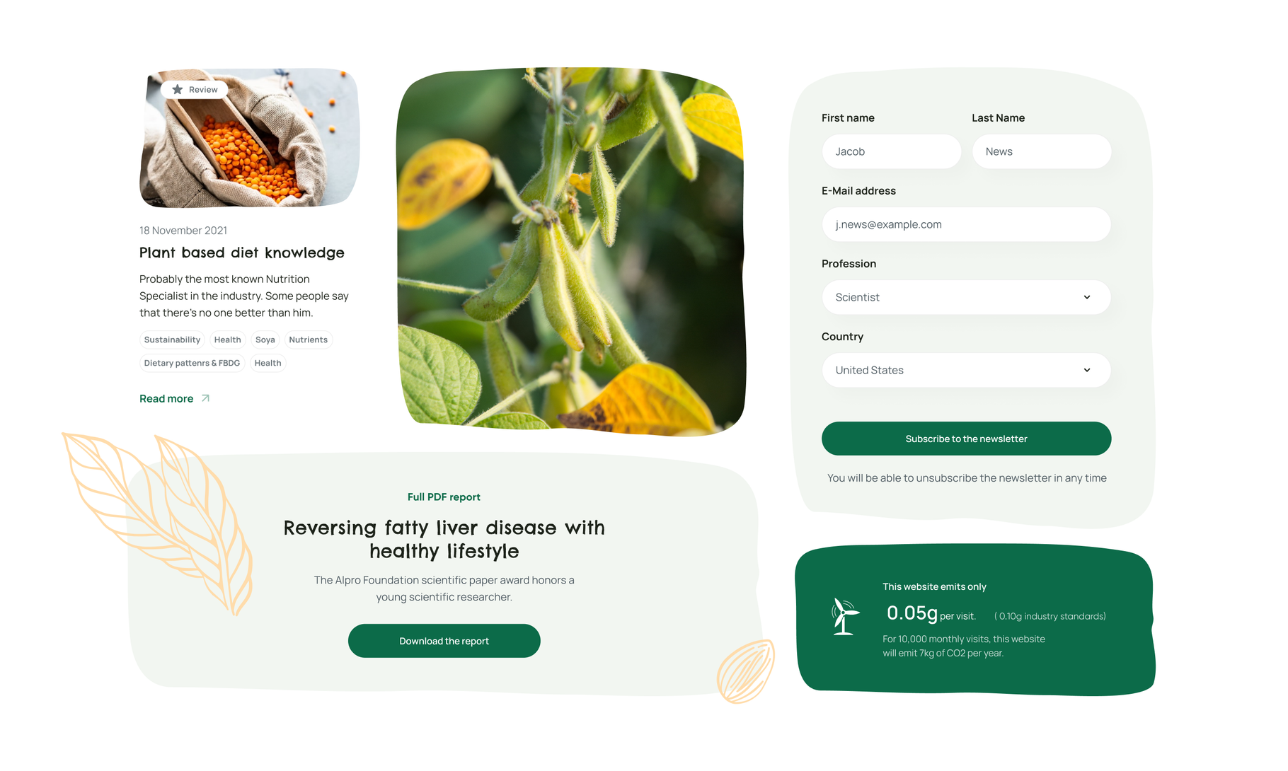 A website interface showcases a health report about reversing fatty liver disease, featuring a plant-based diet section and a newsletter signup form with decorative leaf elements.