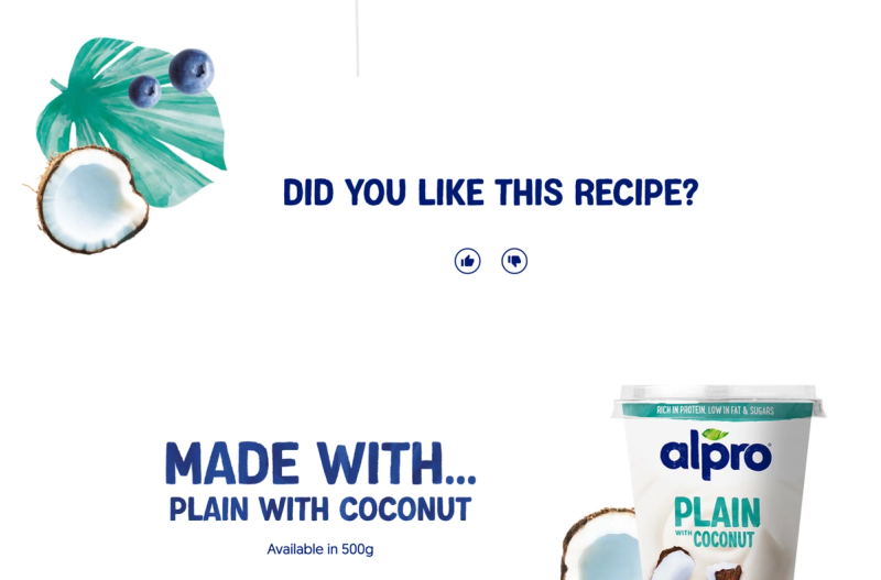 A product feedback screen for Alpro's Plain with Coconut yogurt alternative shows thumbs up and down options, accompanied by tropical coconut and palm leaf imagery.