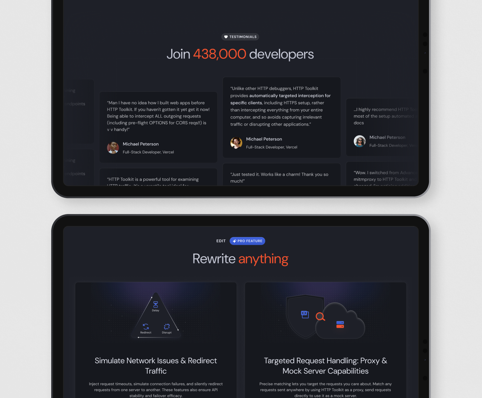 A dark-themed software interface showcases developer testimonials and features for an HTTP toolkit that allows users to "Rewrite anything" and simulate network issues.