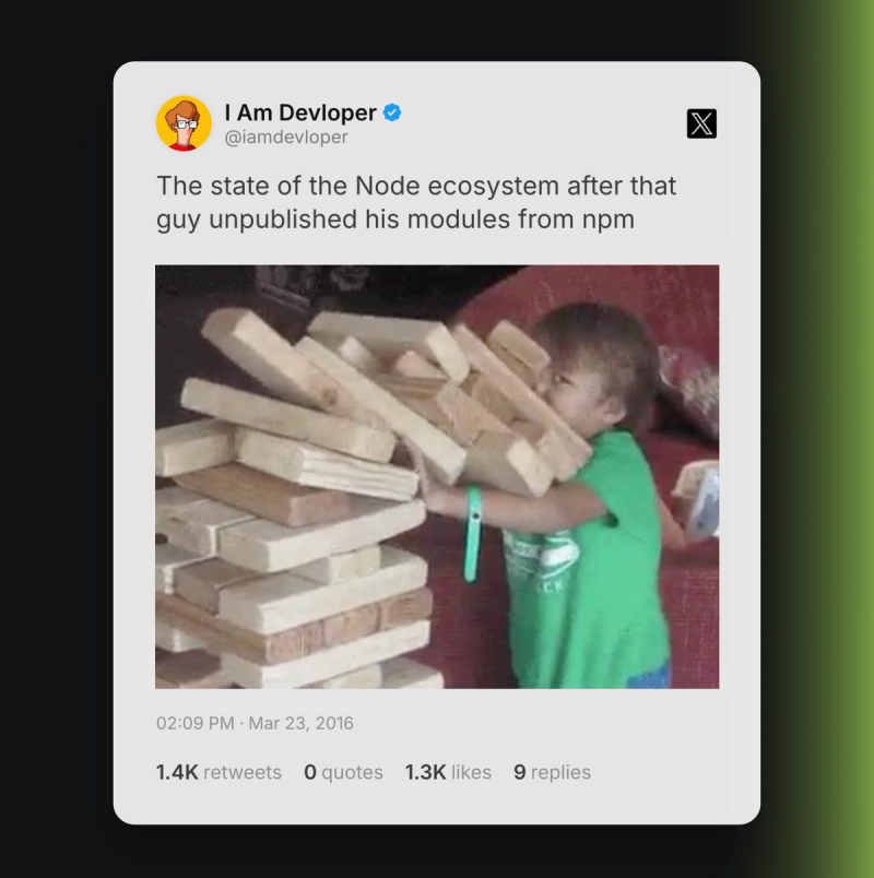 A tweet shows a child in a green shirt attempting to prevent a large Jenga tower from collapsing, used as a metaphor for the Node.js ecosystem's fragility when modules are unpublished.