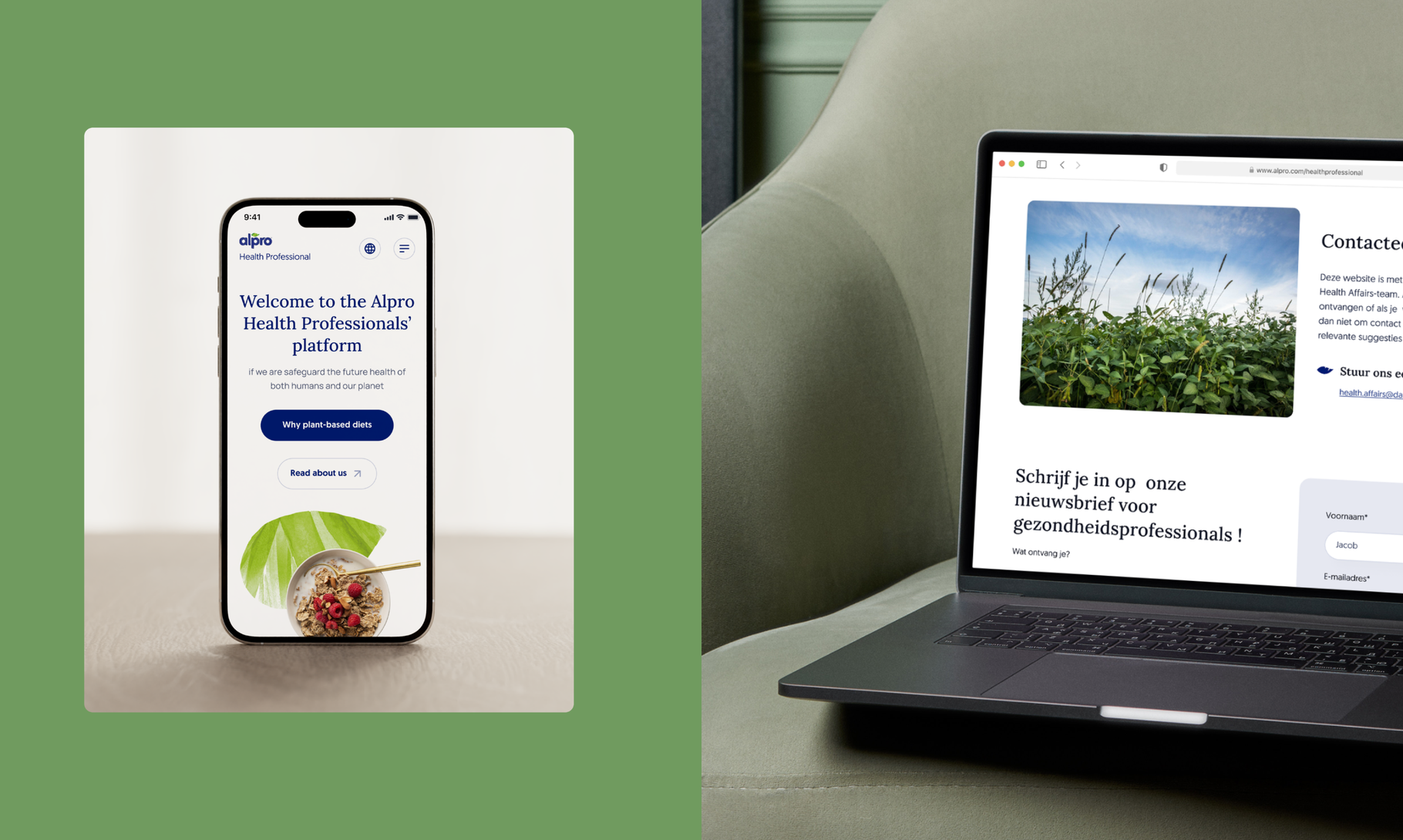 A split image shows the Alpro Health Professionals platform displayed on both a mobile phone and laptop screen, featuring a welcome page and newsletter signup form.