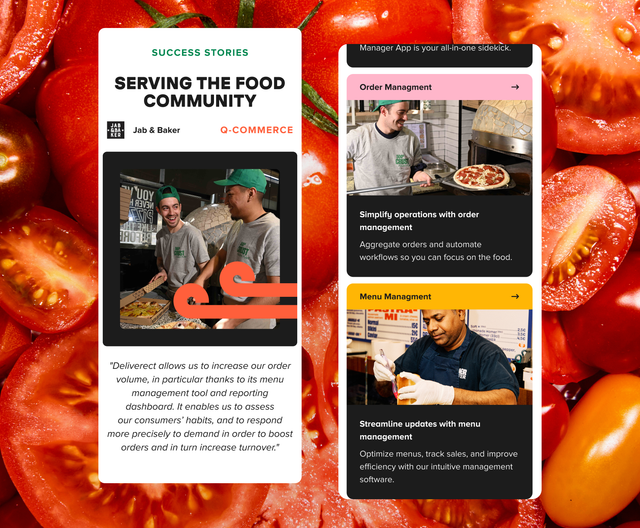 A restaurant management app interface showcases order and menu management features against a background of fresh sliced tomatoes.