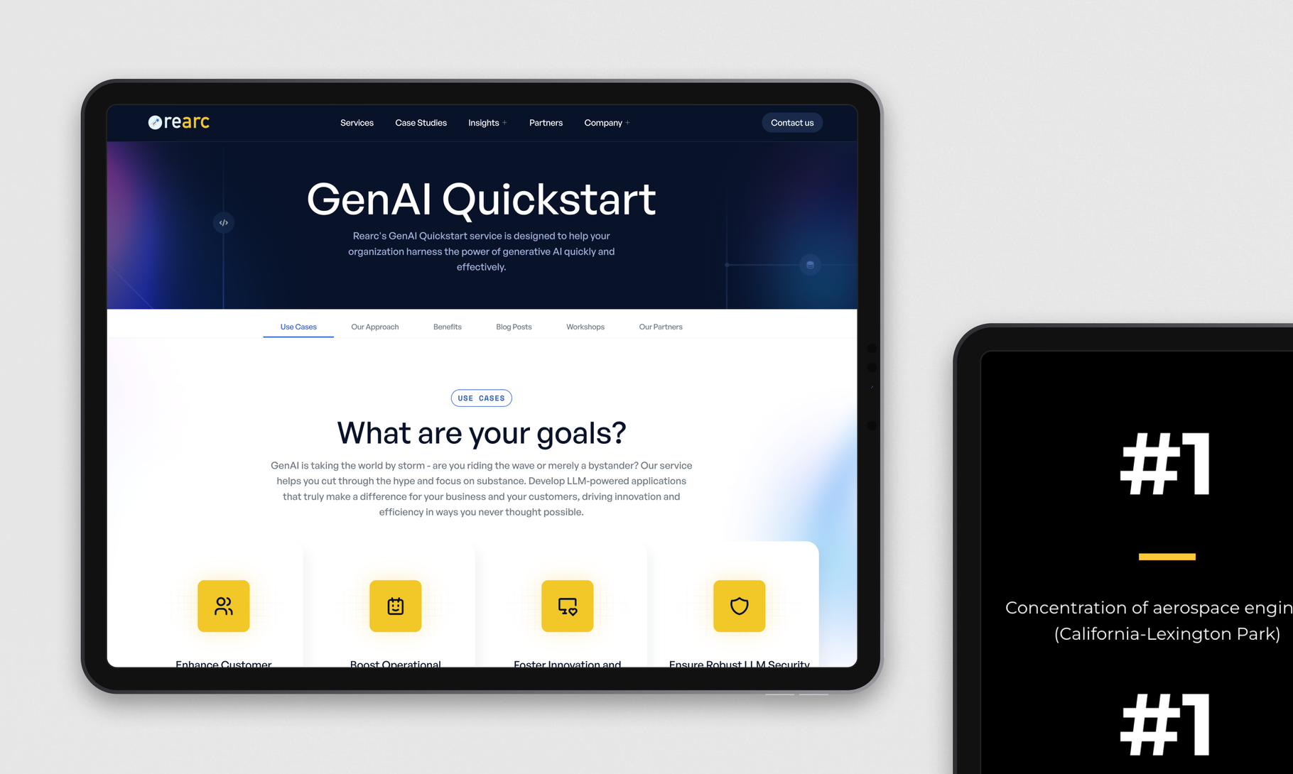 A modern website interface displays "GenAI Quickstart" with navigation menus and yellow icon buttons on a dark-themed tablet screen.