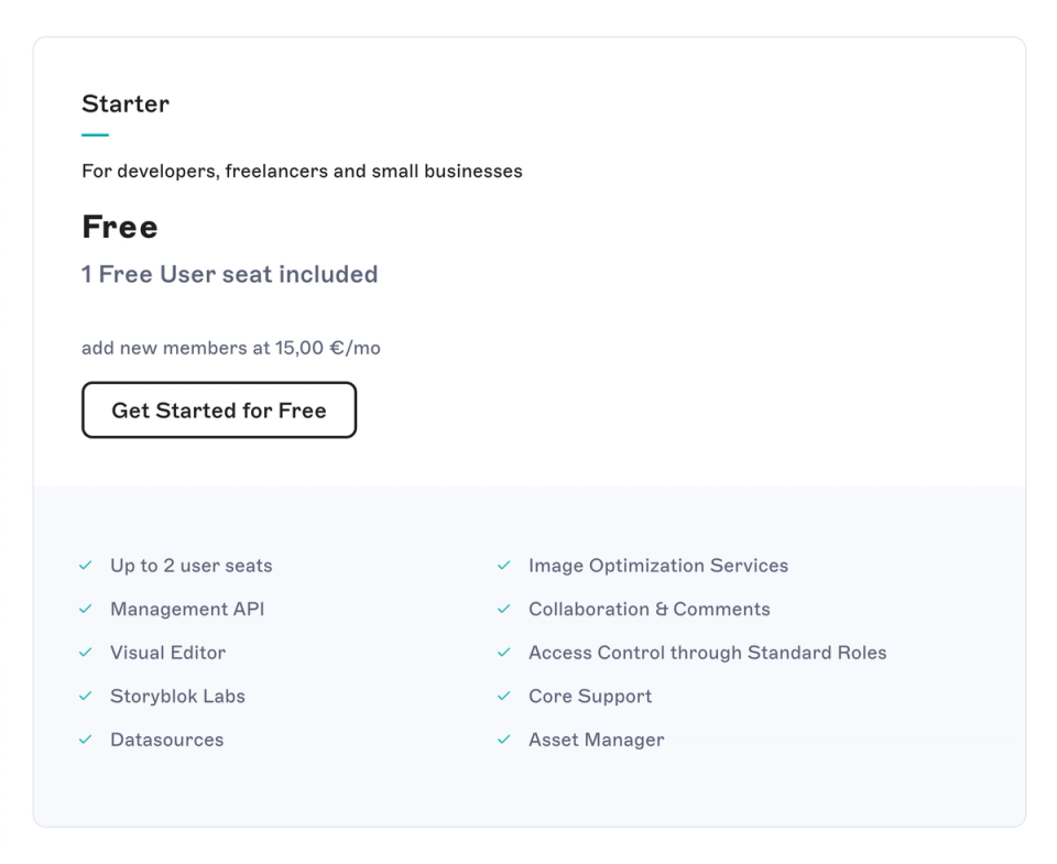 A free starter plan pricing card displays features for developers and small businesses, including one free user seat with additional seats available at 15€ per month.