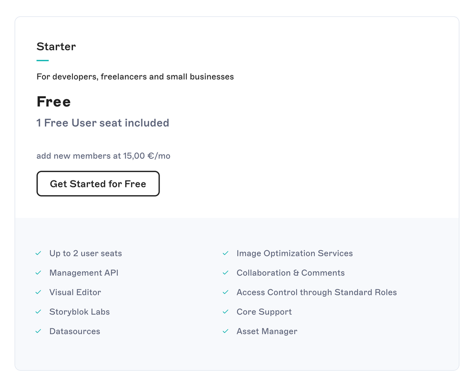 A free starter plan pricing card displays features for developers and small businesses, including one free user seat with additional seats available at 15€ per month.