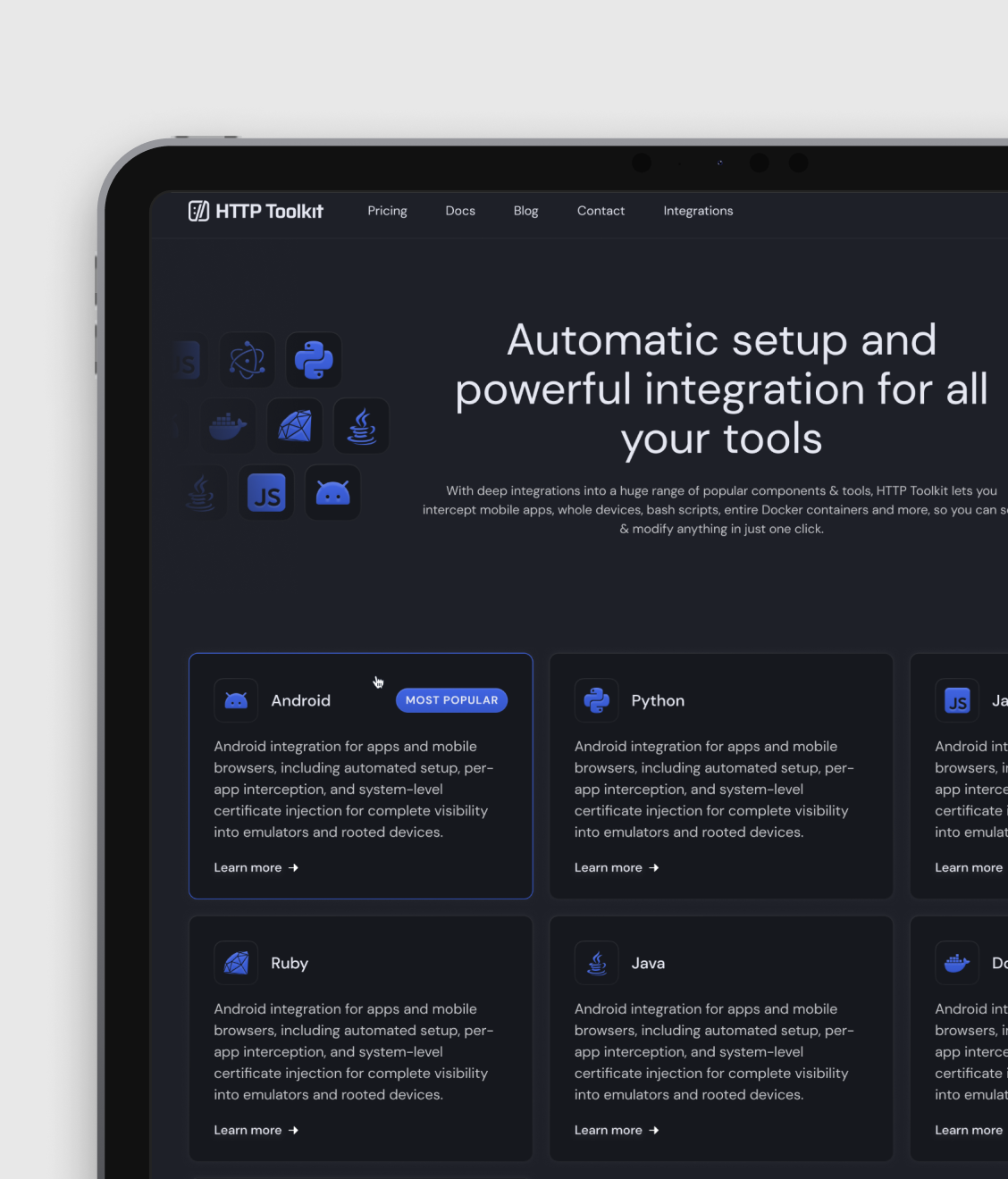 A dark-themed software integration dashboard displays various programming language options including Android, Python, Ruby, and Java with blue icons and descriptive text.