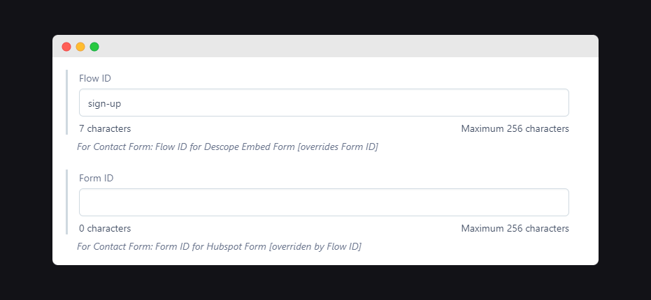A form configuration interface shows two ID input fields for Flow ID and Form ID, with character count limits and explanatory text for contact form integration.