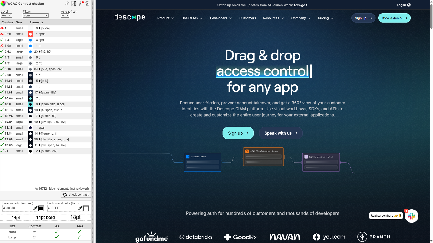 A software platform interface showcasing drag-and-drop access control functionality with customer logos and workflow visualization against a dark blue background.