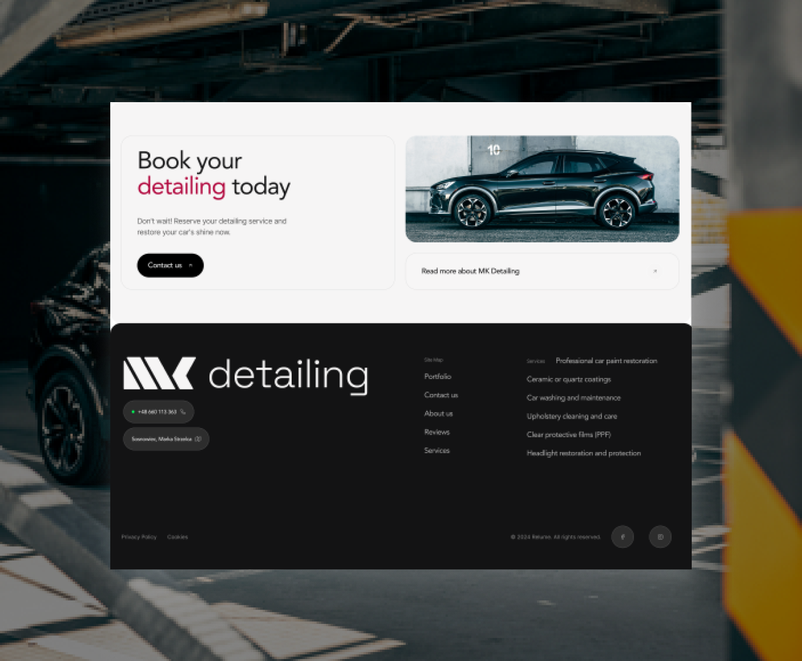 A modern website design for a car detailing service showcases a sleek black SUV and offers various automotive care services through a dark-themed interface.