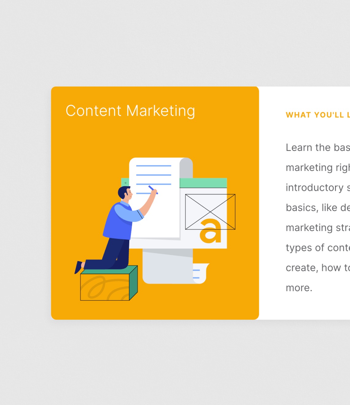 An illustrated figure in blue attire writes on a large document against an orange background, surrounded by content marketing design elements and text.