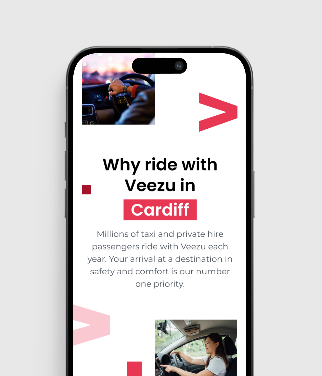 A promotional mobile app screen for Veezu taxi service in Cardiff emphasizes safety and comfort with red accents and driving imagery.