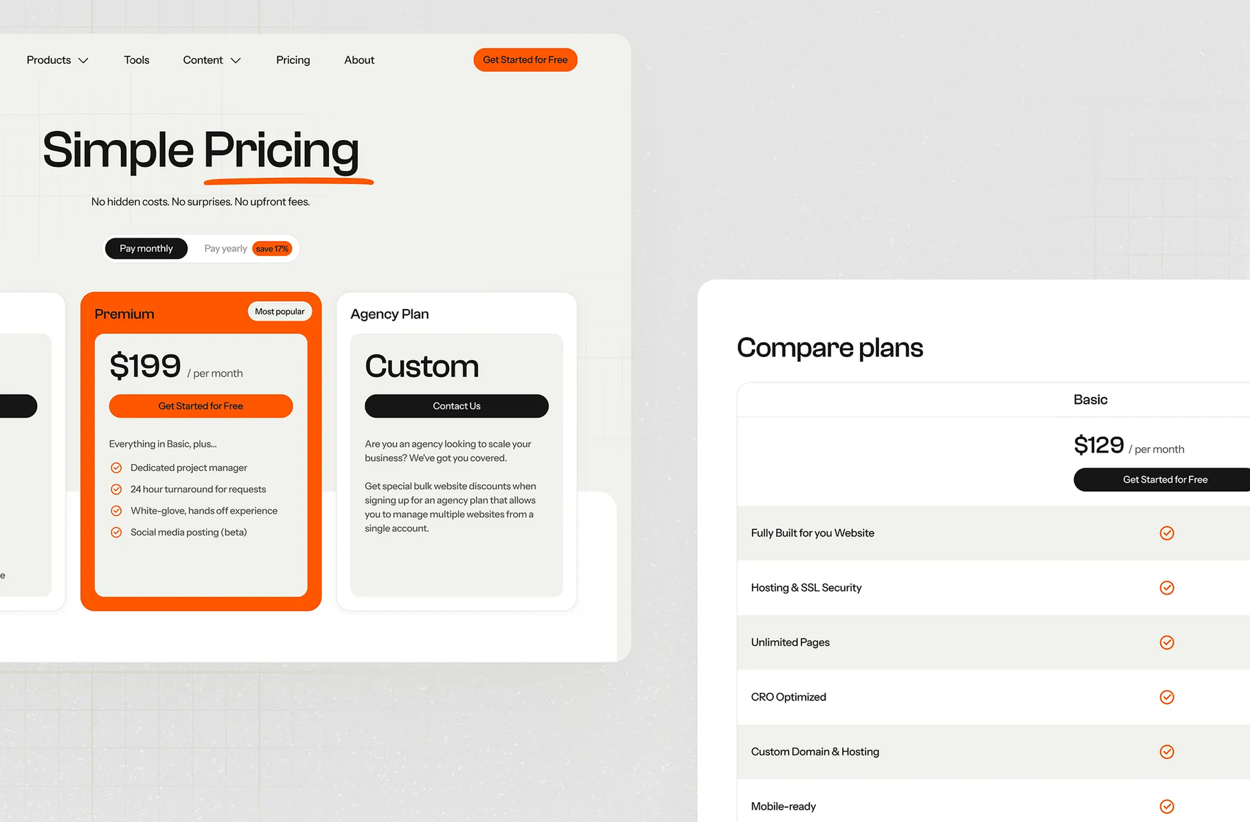 A clean, modern pricing page displays subscription plans and a comparison table showing various website features and services.