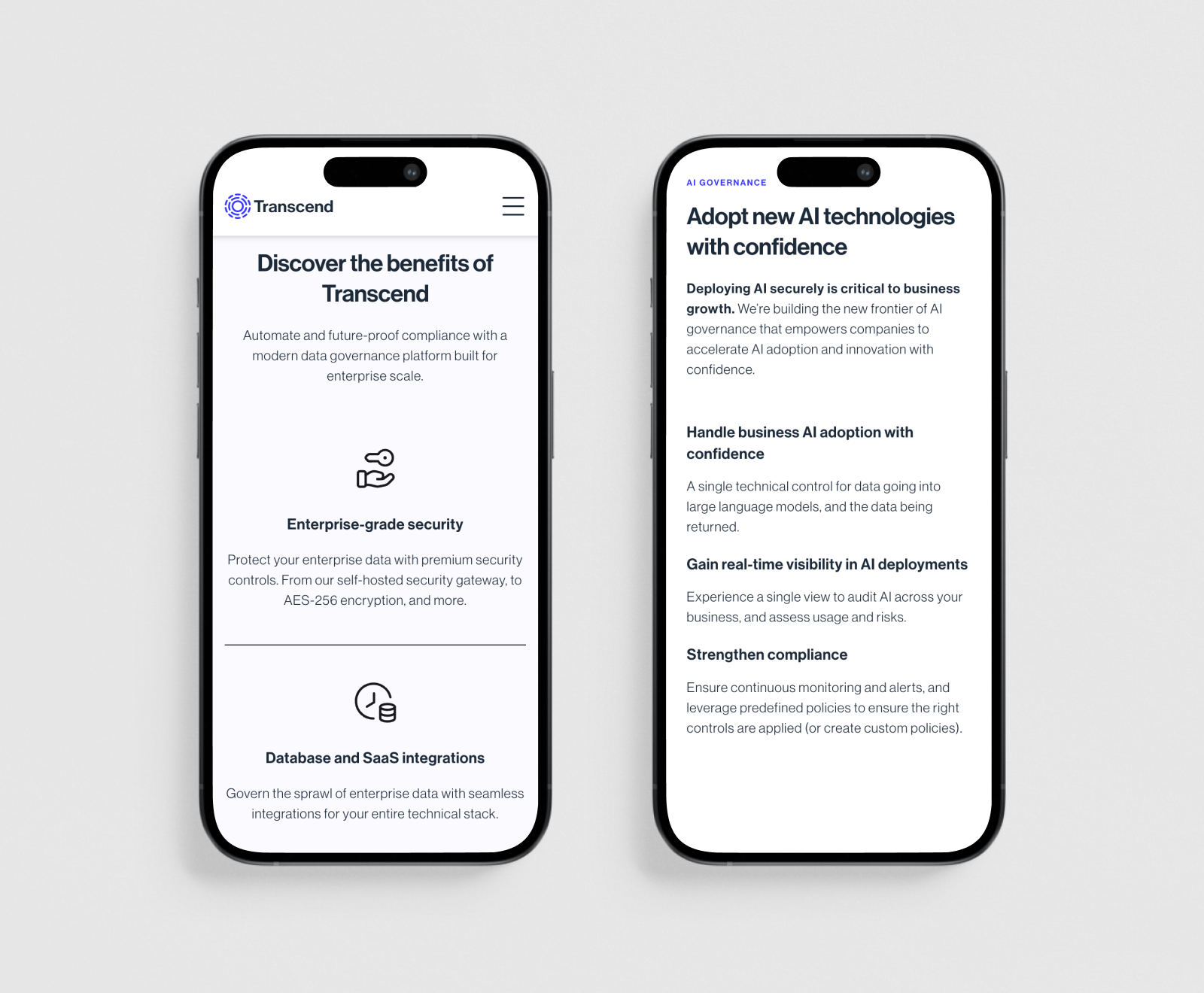 Two iPhone screens display a modern app interface for Transcend, showcasing AI governance features and enterprise security capabilities.