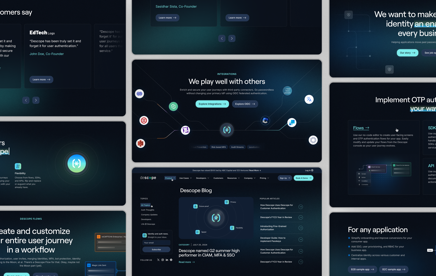A collection of dark-themed user interface screens showcases various features and integrations of what appears to be an identity management platform.