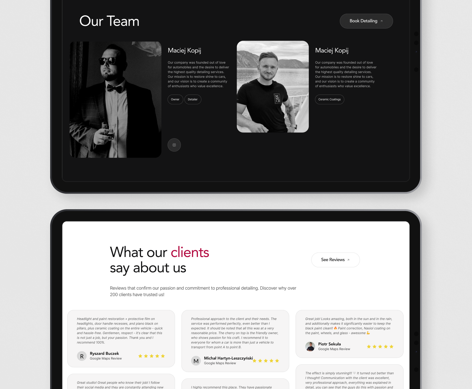 A professional website interface showcases team members and client testimonials across two tablet screens in a dark and light theme layout.