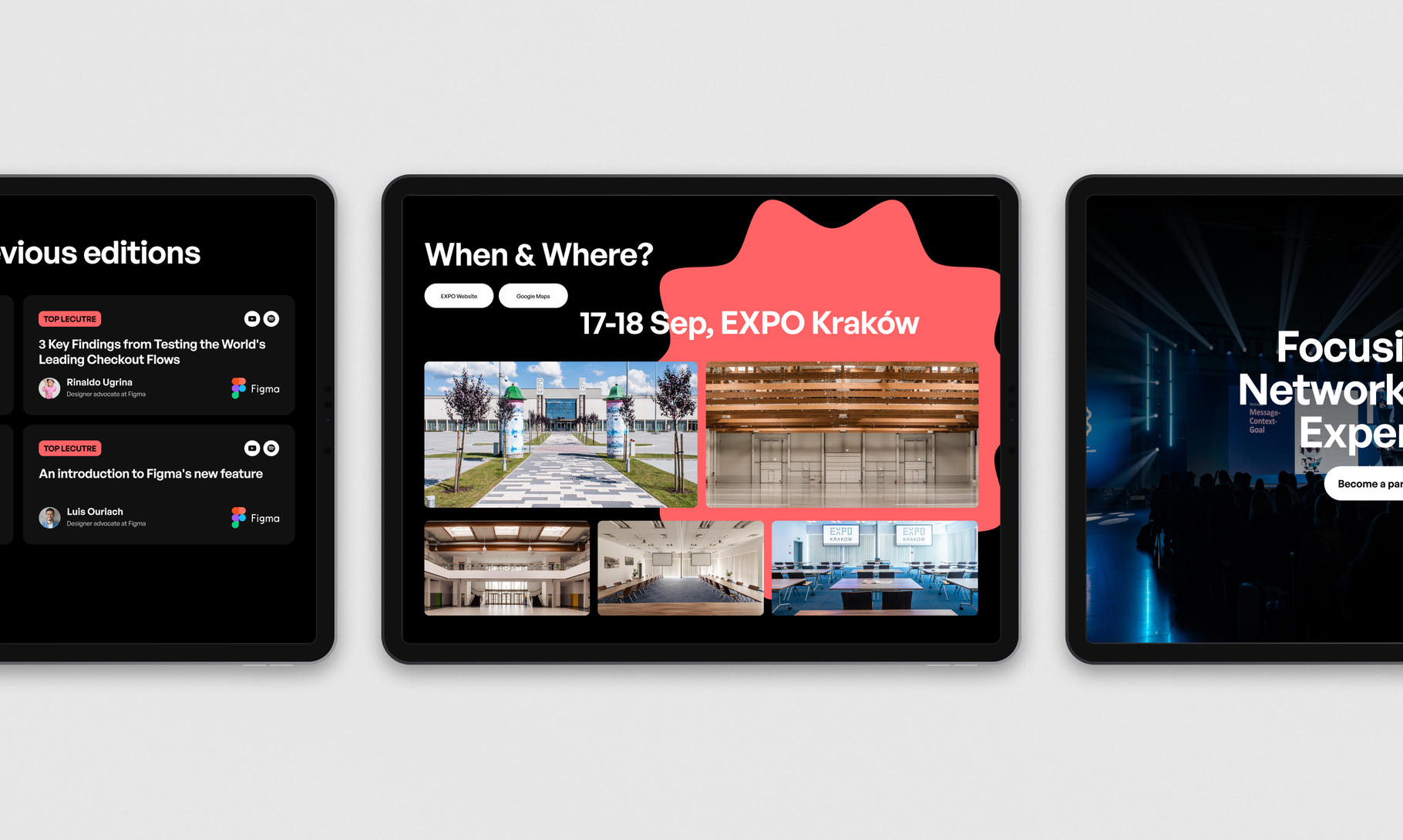 A series of three dark tablet screens displays event information and venue photos for an EXPO taking place in Kraków on September 17-18.