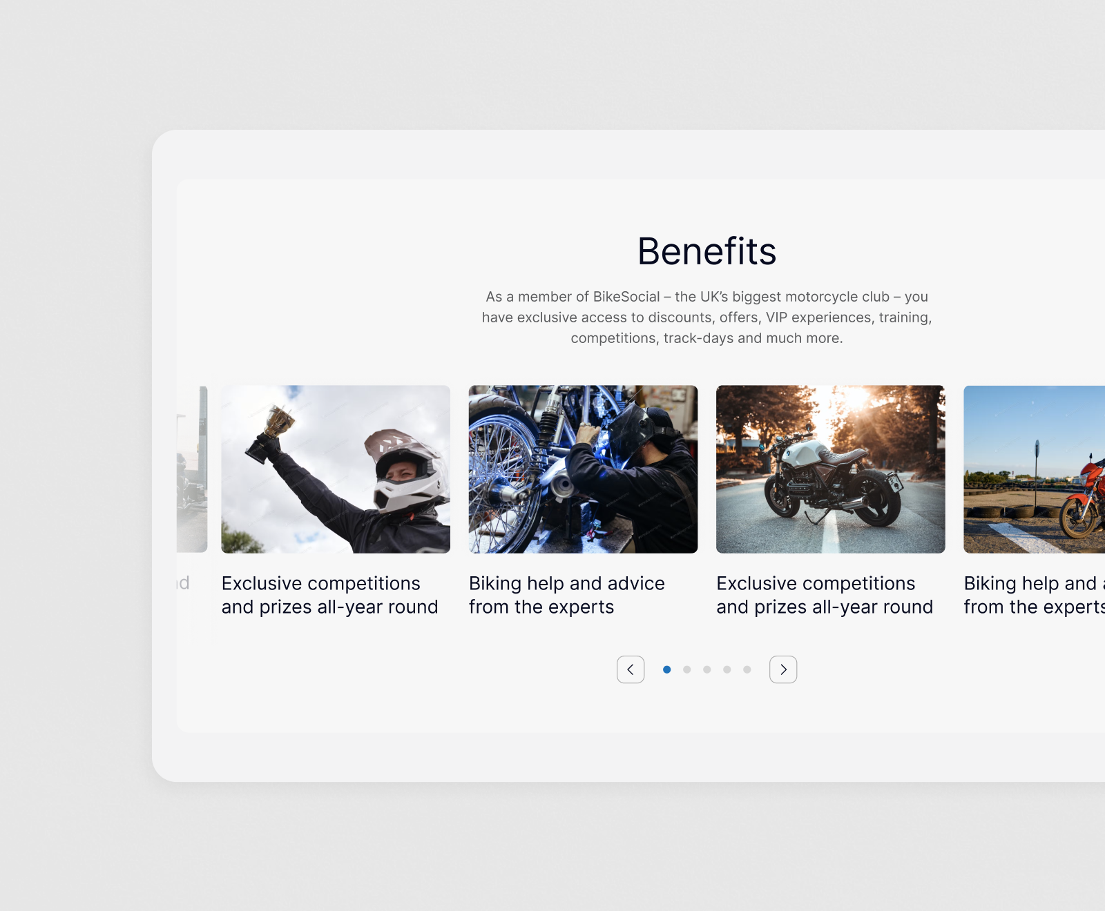 A motorcycle club benefits page showcases various membership perks including competitions, expert advice, and exclusive experiences through a carousel of motorcycle-themed images.