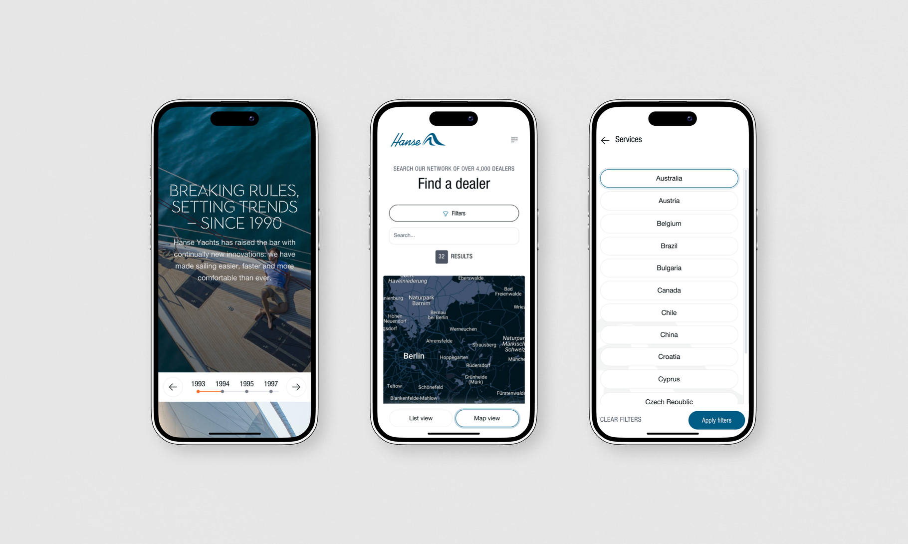 Three smartphone screens display a modern app interface featuring a dealer locator with a timeline, map view, and country selection menu.