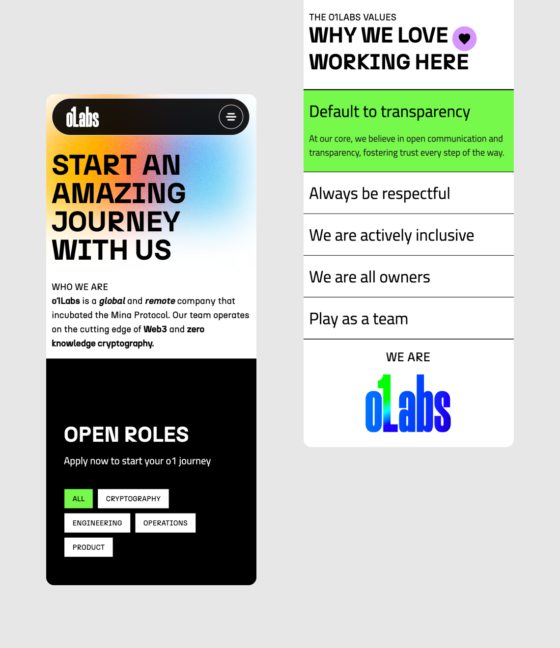 A recruitment landing page for o1Labs showcases their company values, open roles, and mission as a global Web3 cryptography company with an emphasis on transparency and teamwork.