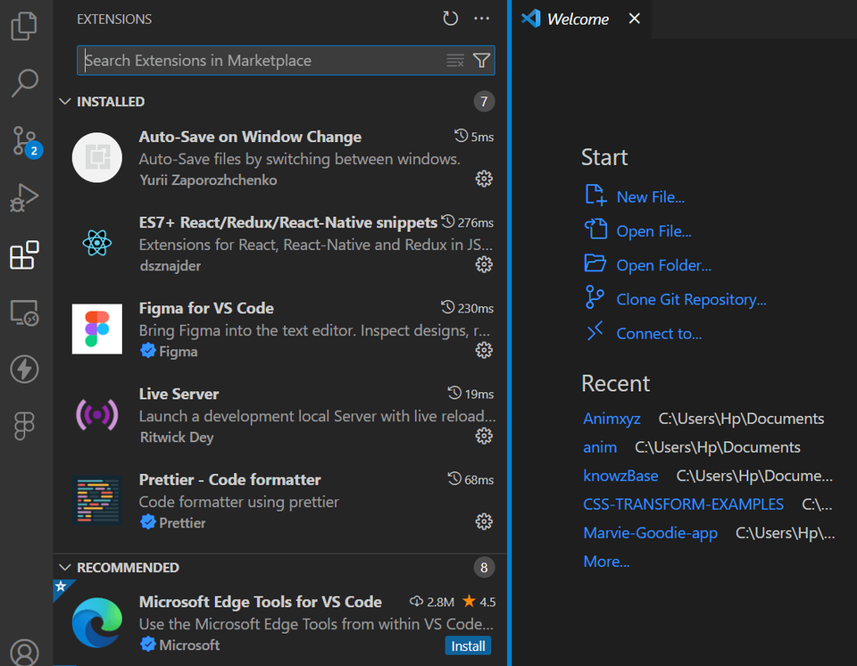 The VS Code extensions panel displays installed developer tools including React snippets, Figma integration, and Live Server, with Microsoft Edge Tools recommended for installation.