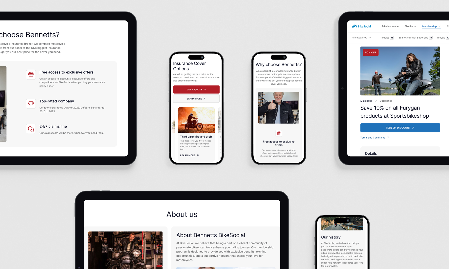 A collection of mobile and tablet screens showcasing a motorcycle insurance website's interface, featuring various sections like insurance options, company benefits, and promotional offers.