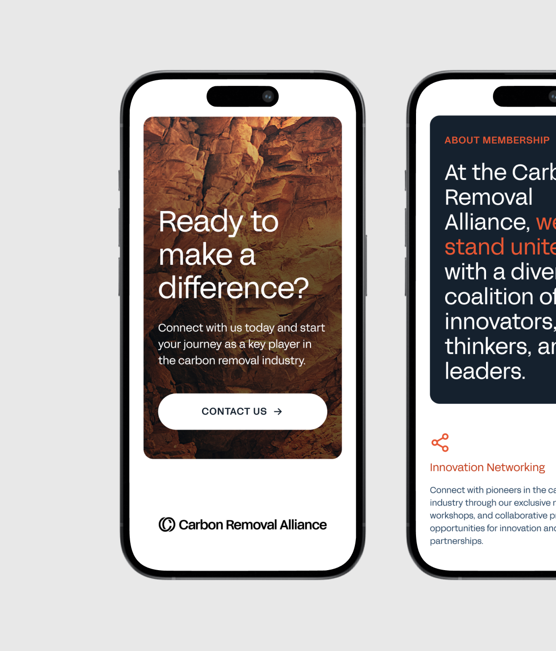 A mobile app interface for the Carbon Removal Alliance shows a call-to-action screen with rocky textures and text asking "Ready to make a difference?" alongside membership information.