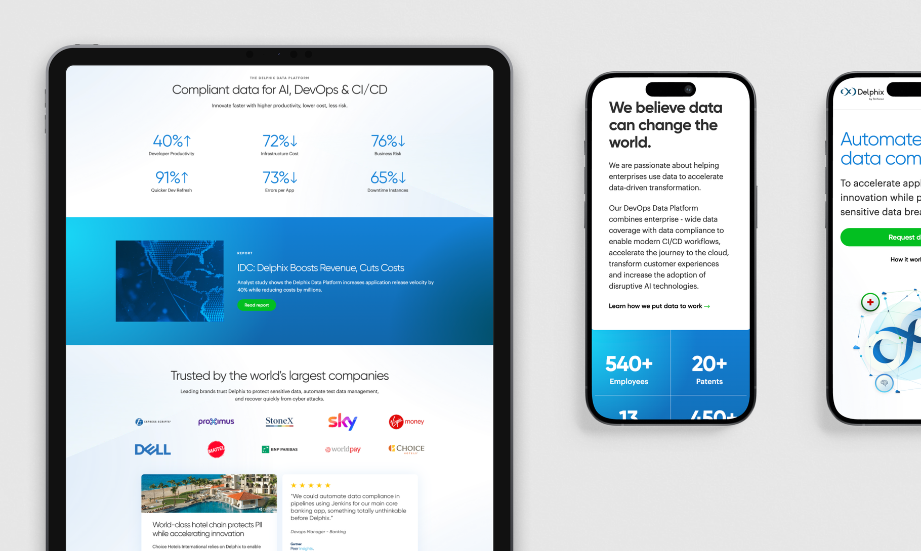 A responsive website design is shown across multiple devices, featuring statistics, company logos, and data management information with a clean blue and white color scheme.