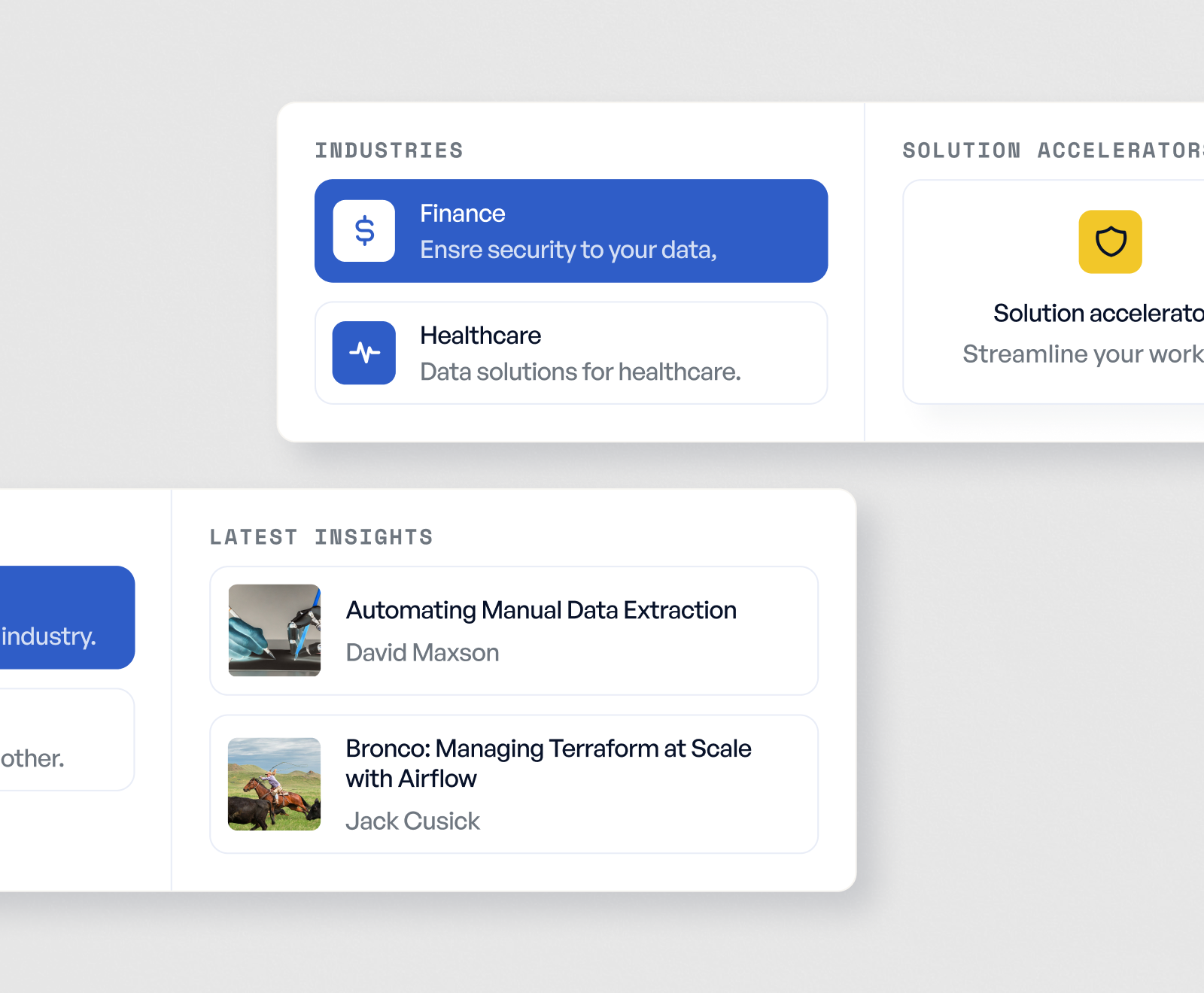 A modern web interface displays industry categories like Finance and Healthcare alongside latest insights featuring articles about data extraction and Terraform management.