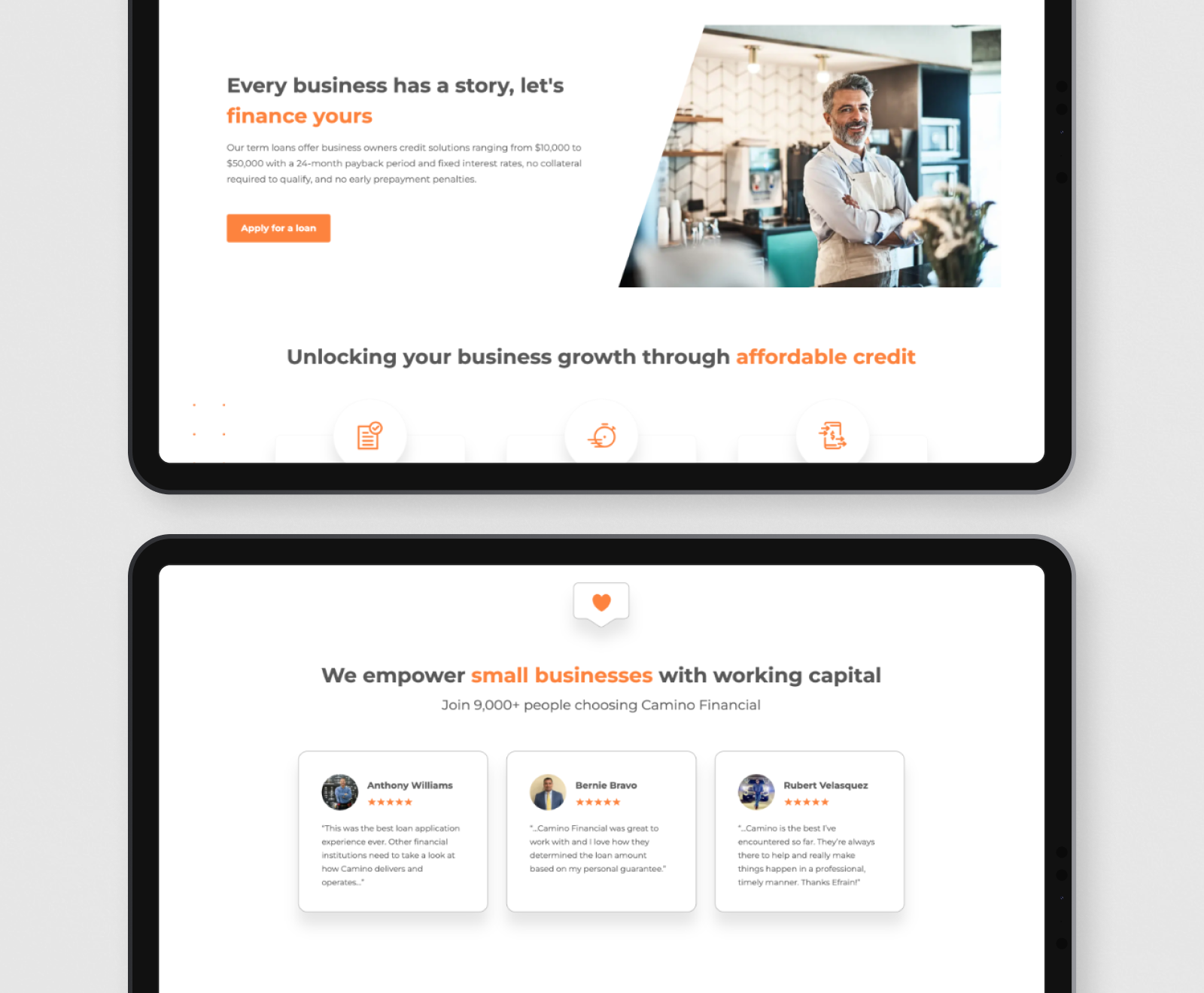 A business financing website displays its service offering and customer testimonials across two tablet screens, featuring a clean design with orange accent colors and professional imagery.