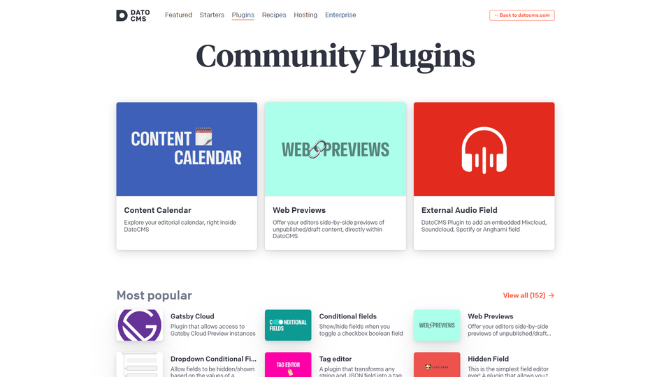 A webpage showcasing DatoCMS community plugins features three main tools - Content Calendar, Web Previews, and External Audio Field - along with additional popular plugins listed below.