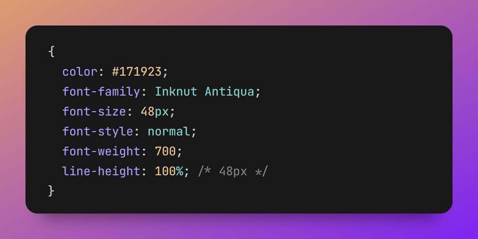 A CSS code snippet displays font styling properties including color, family, size, weight, and line height against a dark background with purple gradient edges.