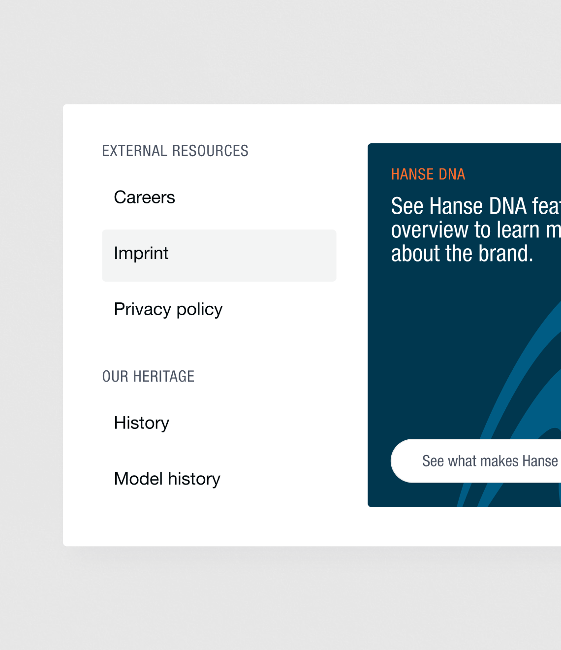 A website navigation menu displays external resources and heritage sections, featuring links to careers, imprint, privacy policy, history, and model history alongside a Hanse DNA promotional banner.