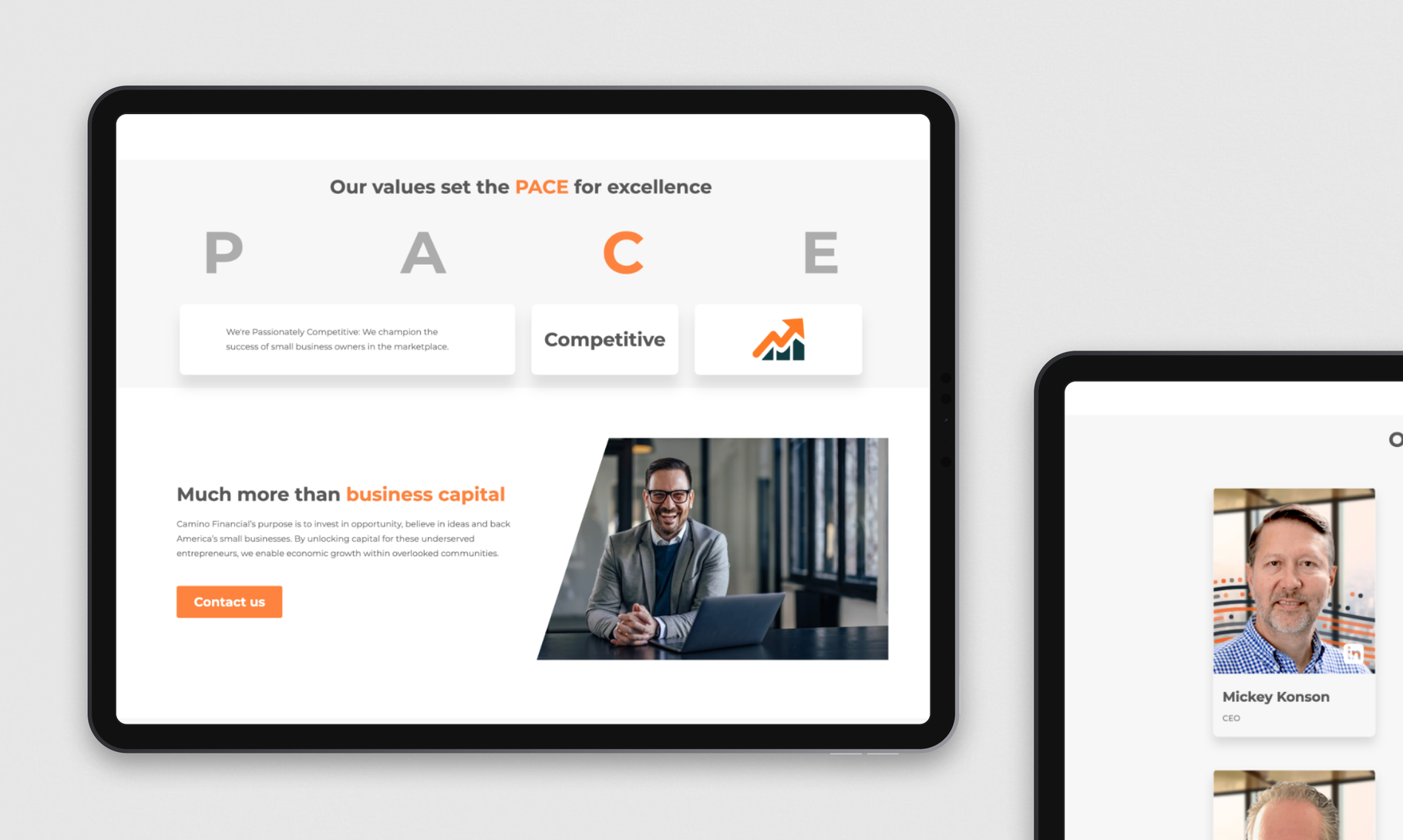 A modern business website displayed on tablet screens showcases company values with the acronym "PACE" and professional imagery.