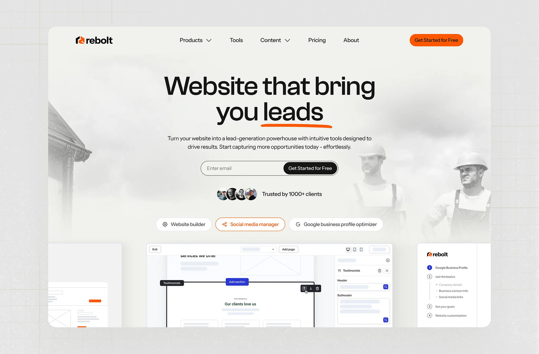 A modern website landing page for Rebolt showcases their lead generation tools with a clean interface, email signup form, and dashboard preview screenshots.