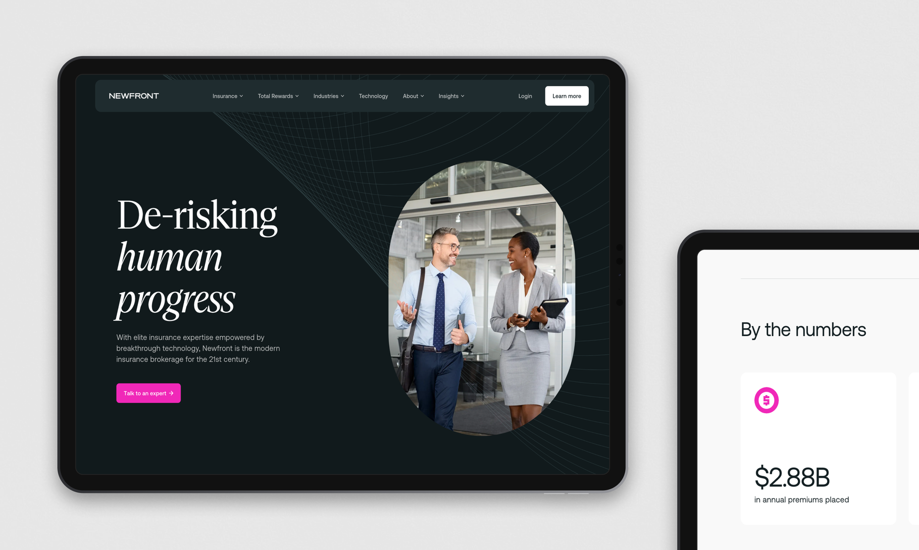 A modern insurance company website displayed on tablet devices showcases a dark interface with the tagline "De-risking human progress" and financial metrics.